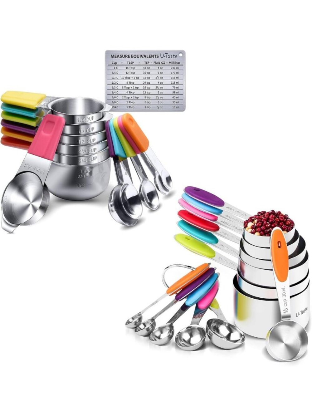 Set of 13 Colorful Stainless Steel Measuring Cups & Spoons - Magnetic Design